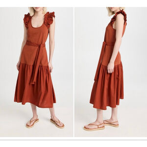 Women's Nation LTD Rust Ruffle Sleeve Tie Waist Midi Dress XS